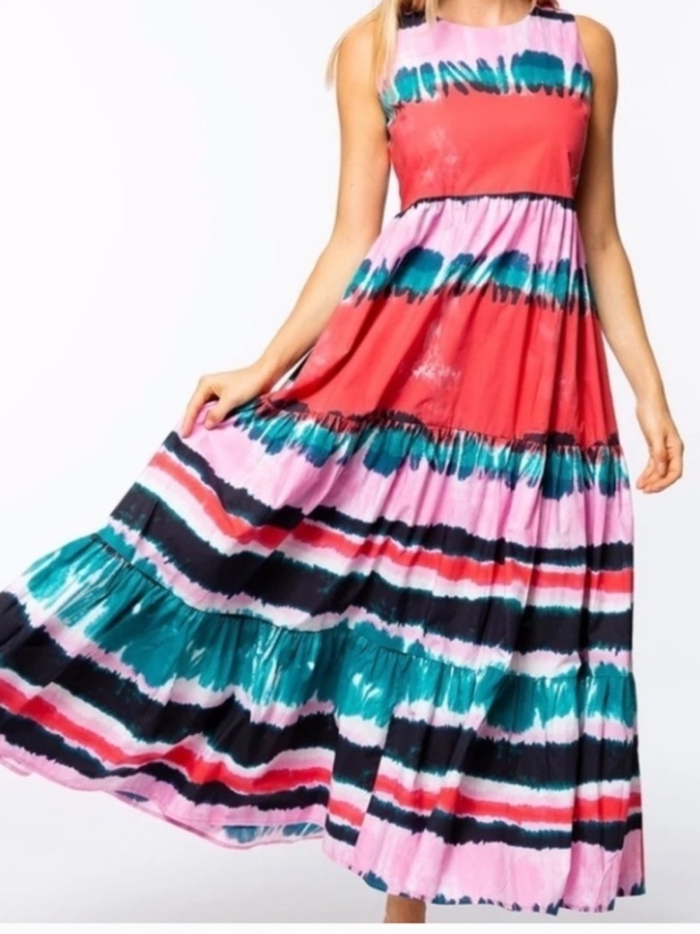 Tyler Boe Maxi Tie Dye Tiered Cotton Sleeveless Long Dress Pink Blue Red XS